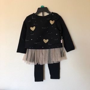 NWT BCBGirls Black/Gold 2 Piece Foil Heart Bonjour Tutu Legging Set (Size: 18M)